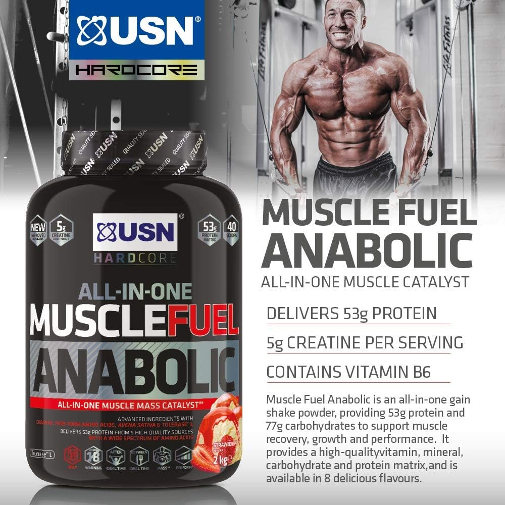 USN Muscle Fuel Anabolic Caramel Peanut 2KG, Workout Boosting All in One Muscle Gain Protein Shake Powder - Image 5