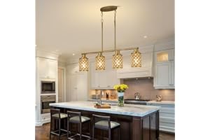 KPIOK Kitchen lsland Lighting,4-Light Dining Room Light Fixtures Over Table,Farmhouse Gold Linear Chandeliers for Dining Room,Pendant Lights Fixture with K9 Crystal and Gold Grids Shade