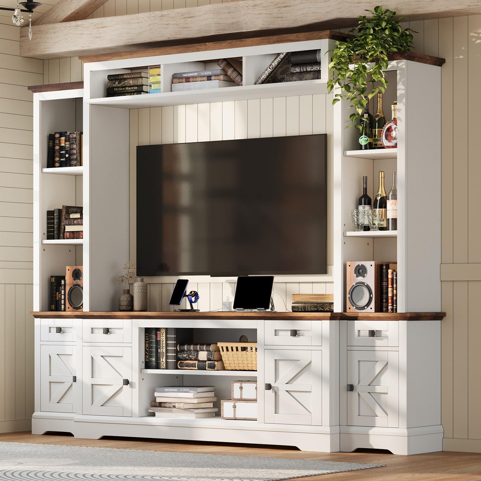 Photo 1 of AMERLIFE 98" Farmhouse Wall Unit Entertainment Center with Bookshelves, Wine Cabinet, Fits 75" TVs, Rustic Media Console for Living Room, Large TV Stand with Power Outlets & Barn Door, Off-White