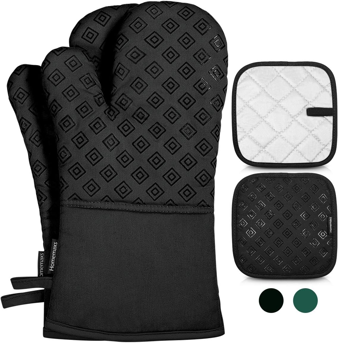 Homemaxs Oven Mitts and Pot Holders 4pcs Set, 500℉ Heat Resistant Non-Slip Food Grade Kitchen Mitten Silicone Cooking Gloves s for Kitchen, Cooking, Baking, BBQ-Black: Home & Kitchen