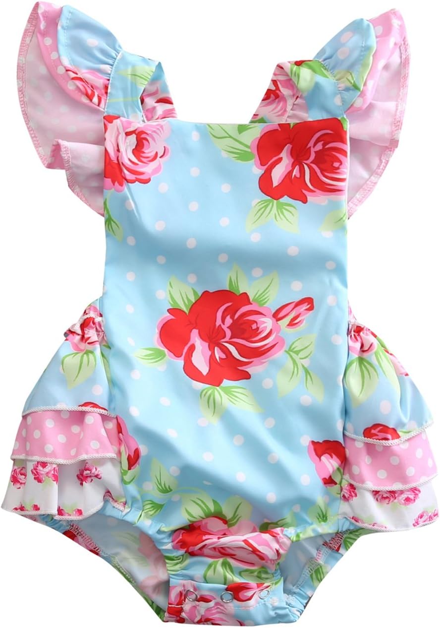 Canis Newborn Baby Girls Polka Dots Rose Flowers Backless Ruffle Bodysuit Romper
