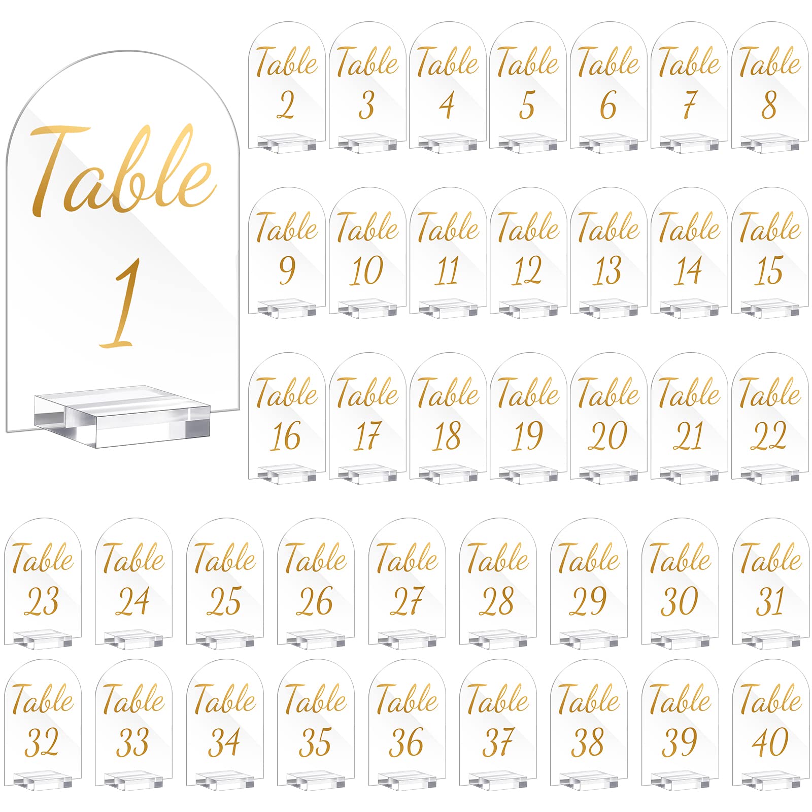 Photo 1 of 40 Pack 4 x 6 Inch Gold Acrylic Wedding Table Number 1-40 Clear Table Stand with Numbers Calligraphy Number Holders Signs for Wedding Reception Birthday Party Decorations