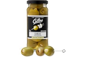 Collins Queen Premium Garlic-Stuffed Green Olives Garnishes for Cocktails Martinis, Bloody Marys, Salads, Snack Trays, Charcuterie, Cheese Plates, 5 oz, Black