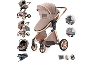 Kakbgee 5 in 1 Compact Baby Stroller with Removable Bassinet,Reversible Infant Newborn Pram Stroller with Bassinet,Foldable Toddler Stroller with Aluminum Frame,Recline Newborn Pram with Base,Khaki