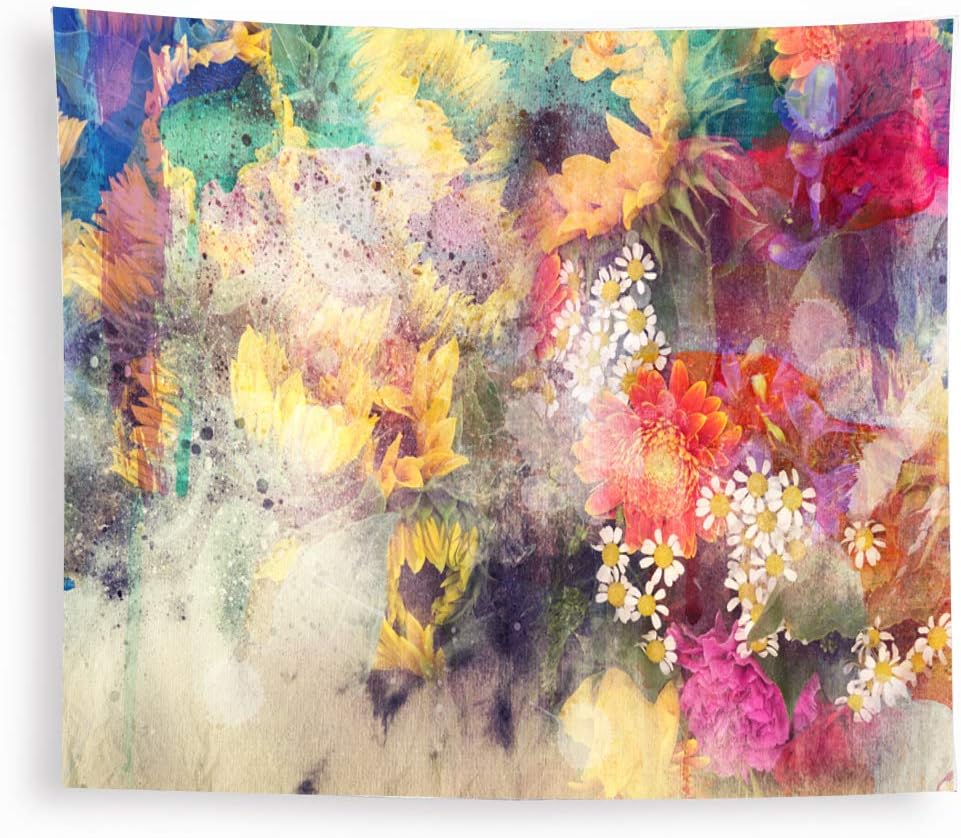All Smiles Sunflower Tapestry Bedroom Yellow Pink Spring Watercolor Real Nature Wall Hanging Tapestry for Decorative Bedroom Living Room 59"X 51" Inches