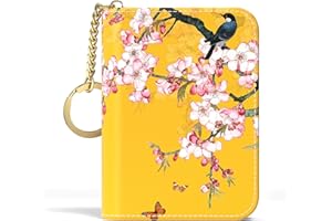 Credit Card Holder, Small RFID Wallet Slim Leather Card Organizer Case with Zipper and Keychain, Beauty Flowers