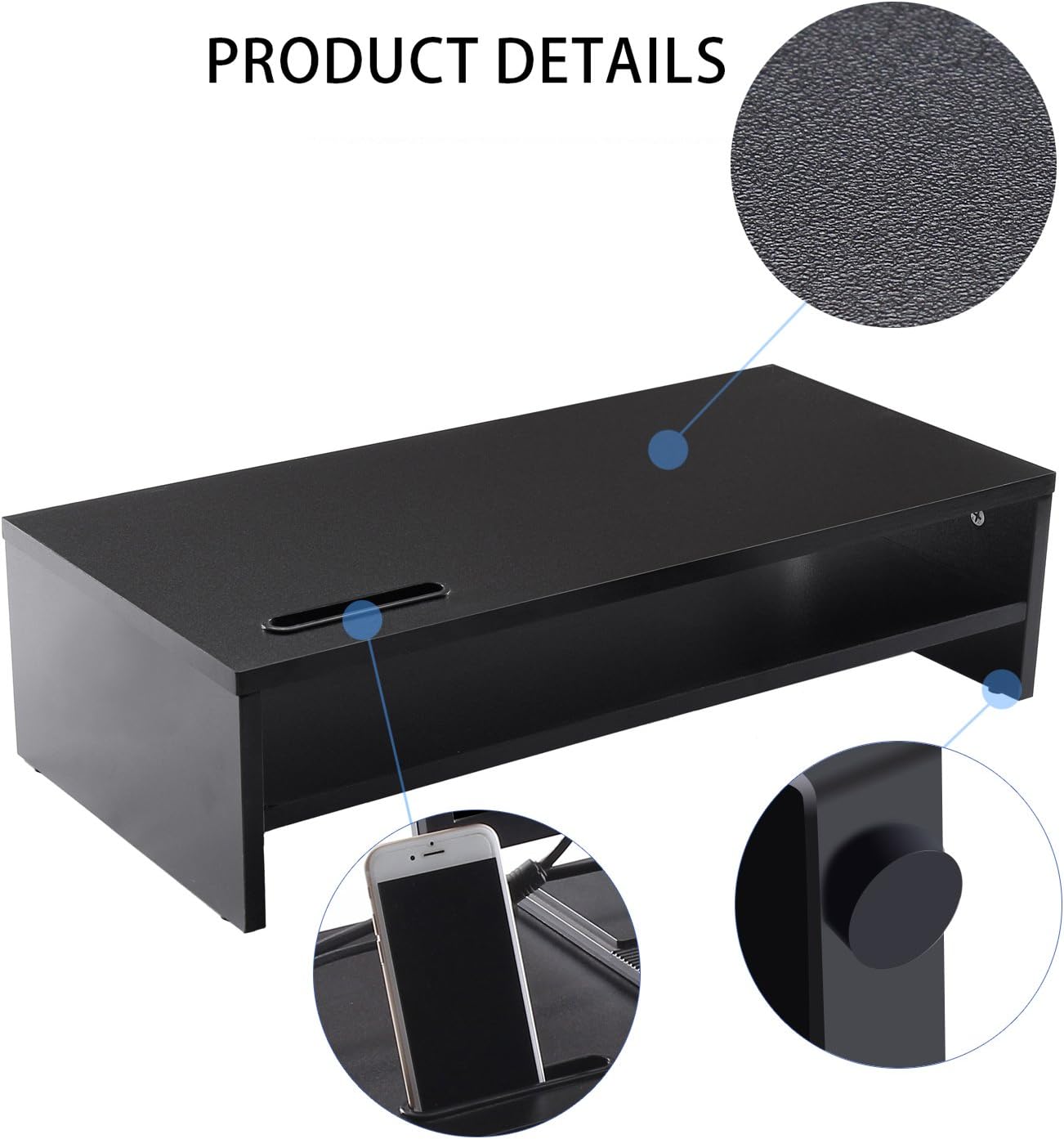 Ttap Black Wooden Monitor Two Shelf Stand Computer Laptop TV Screen Riser Desk Organiser 54cm L x 24.5cm D x 14.4cm H (with Smartphone holder) - Image 5