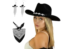 JIANGLAI Western Cowgirl Hat for Women Men, Fedora Wide Brim Rhinestone Cowboy Hat with Bandana and Cowgirl Tassels Earrings