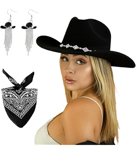 Cowboy Hat with Fringed Bandana Set for Women Wide Brim Western