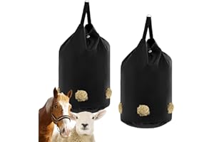 Ribbonlic 2 Pcs hay Bags for Horses Goats Slow Feed 1680D Oxford Bag Black Large Capacity Net Open Feed Hole Hay Holder for Horse Goats Sheep(5 Holes)