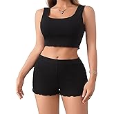 JIUMUJIPU Women's 2-Piece Pajama Set - Cropped Tank Top & Shorts with Wavy Hem, Soft Rayon Blend Sleepwear