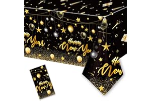 PARSUP 1PC Happy New Year Tablecloth - Disposable Black Gold NYE Theme Party Supplies - Rectangular Plastic Table Cover, 108 x 54'