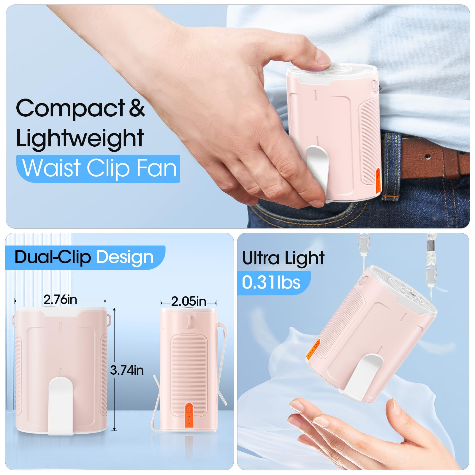 2025 AI Portable Fan Rechargeable, 4 Speeds 6600RPM Strong Airflow, Personal Waist Fan with up to 25H of Working Time, Hanging Neck/Wearable for Camping, Outdoor, Jobsite - Pink