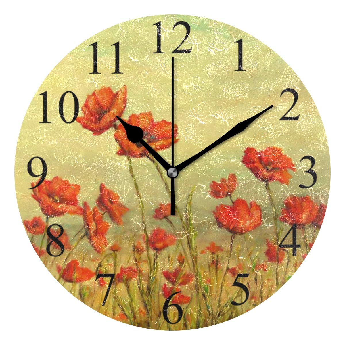 ALAZA 25cm Non Ticking Round Wall Clock, Vintage Flowers Poppy Silent Clock for Living Room Kitchen Bedroom Office Decorative with Desktop Stand