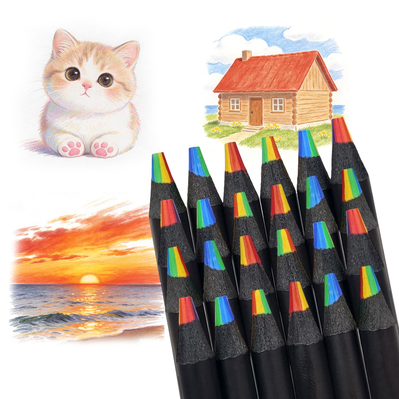Lufdegim 24Pcs Rainbow Coloured Pencils 7 in 1 Rainbow Pencil Stocking Fillers Kids Colouring Pencils for Children Adults Arts and Crafts Painting Sketching