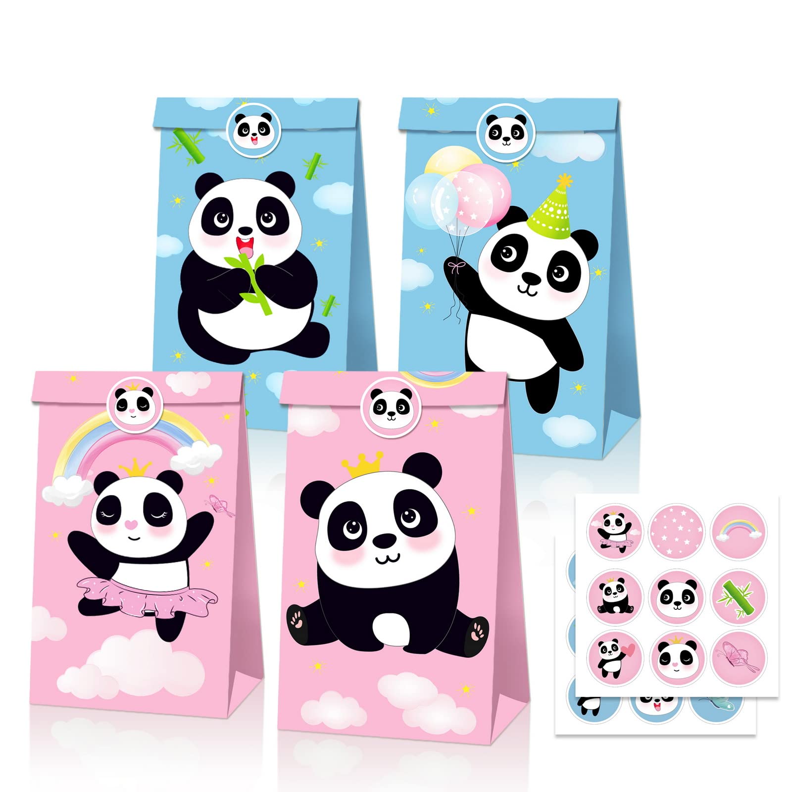 12 PCS Cute Panda Party Favor Bags, Panda Themed Birthday Party Gift Bags, Animal Party Favor Bags, Fun Themed Goodie Gift Bags, Party Gift Goody Treat Candy Bags with Sticker(Girls)