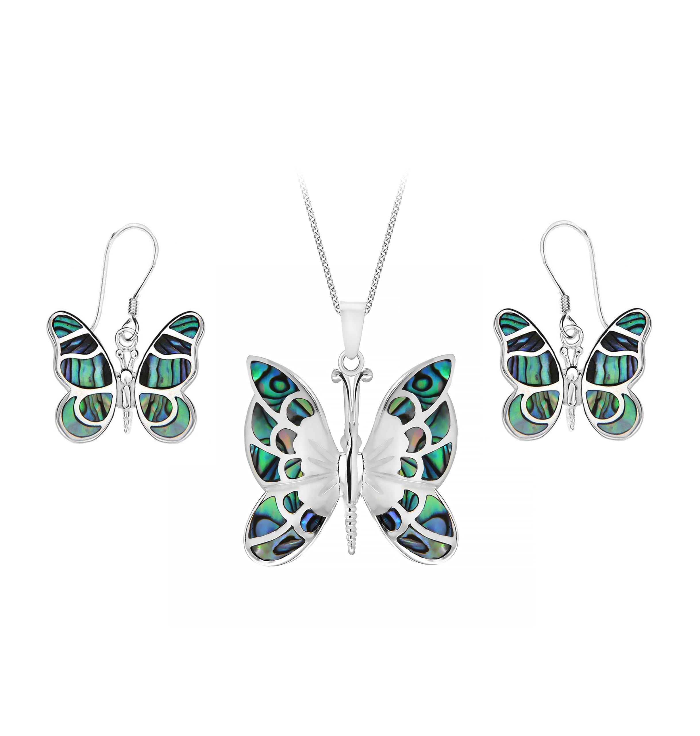Tuscany Silver Women's Sterling Silver Set of Paua Shell Butterfly Earrings and Pendant on Curb Chain of 46cm/18"