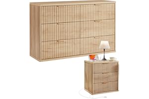 LEYAOYAO Fluted Dresser and Nightstand Sets, Wood 48" Wide Dresser & 23" Night Stand with Charging Station, 2 Piece Bedroom Furniture Set, Chest of Drawers for Bedroom, Home, Living Room,Wood