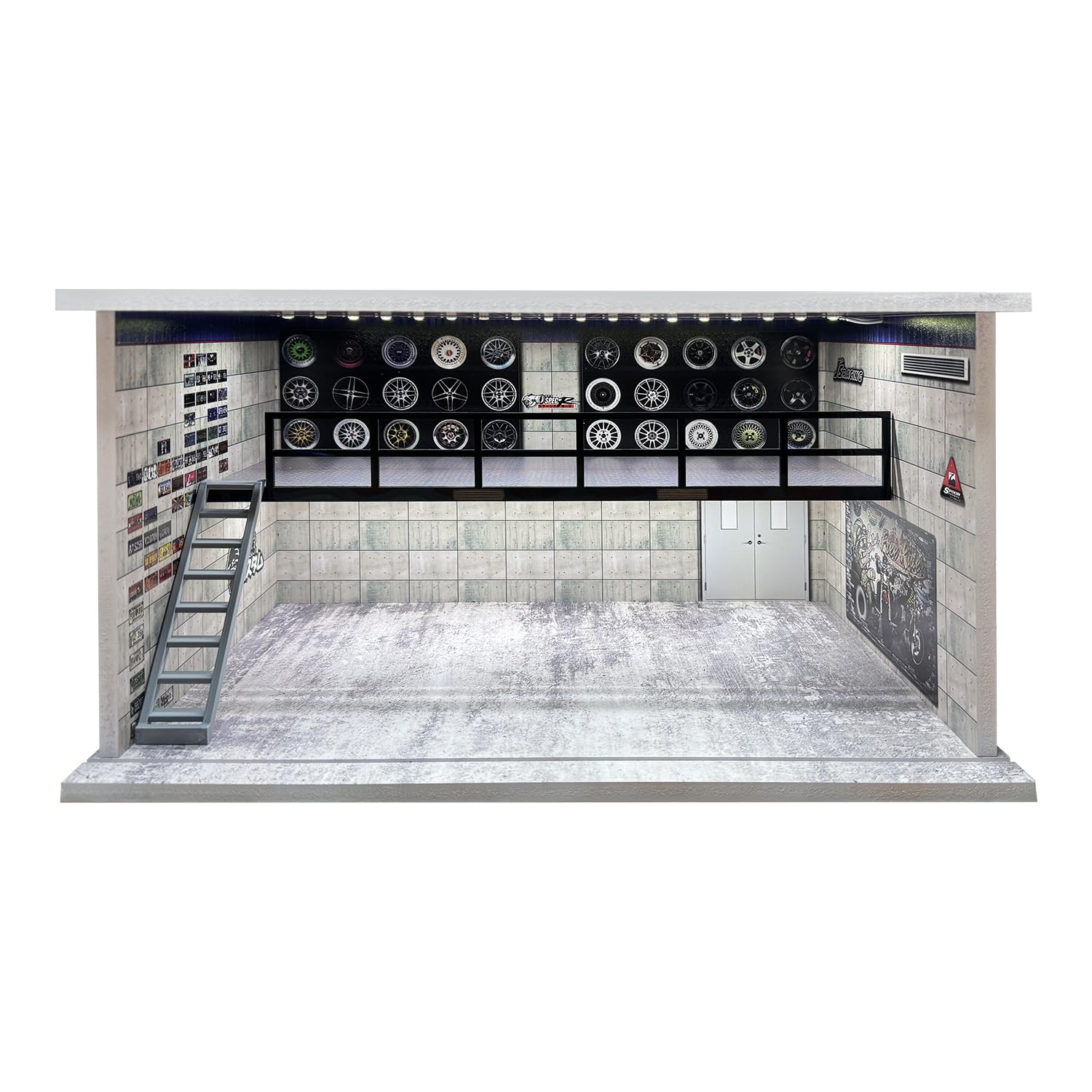 Photo 1 of 1:24 Scale Die-cast Model Car Display Case with Parking Lot Scene for Jada and Lego Collectors, Diorama Garage for Alloy Sport Car Model Toy with USB Lights and Acrylic Cover, 4 Parking Spaces