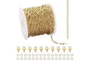 UMAOKANG 16.4 Feet Gold Stainless Steel Chains Bulk Cable Paperclip Necklace Chains Link Roll with Jump Rings Lobster Clasps Extender Chain for Jewelry Making