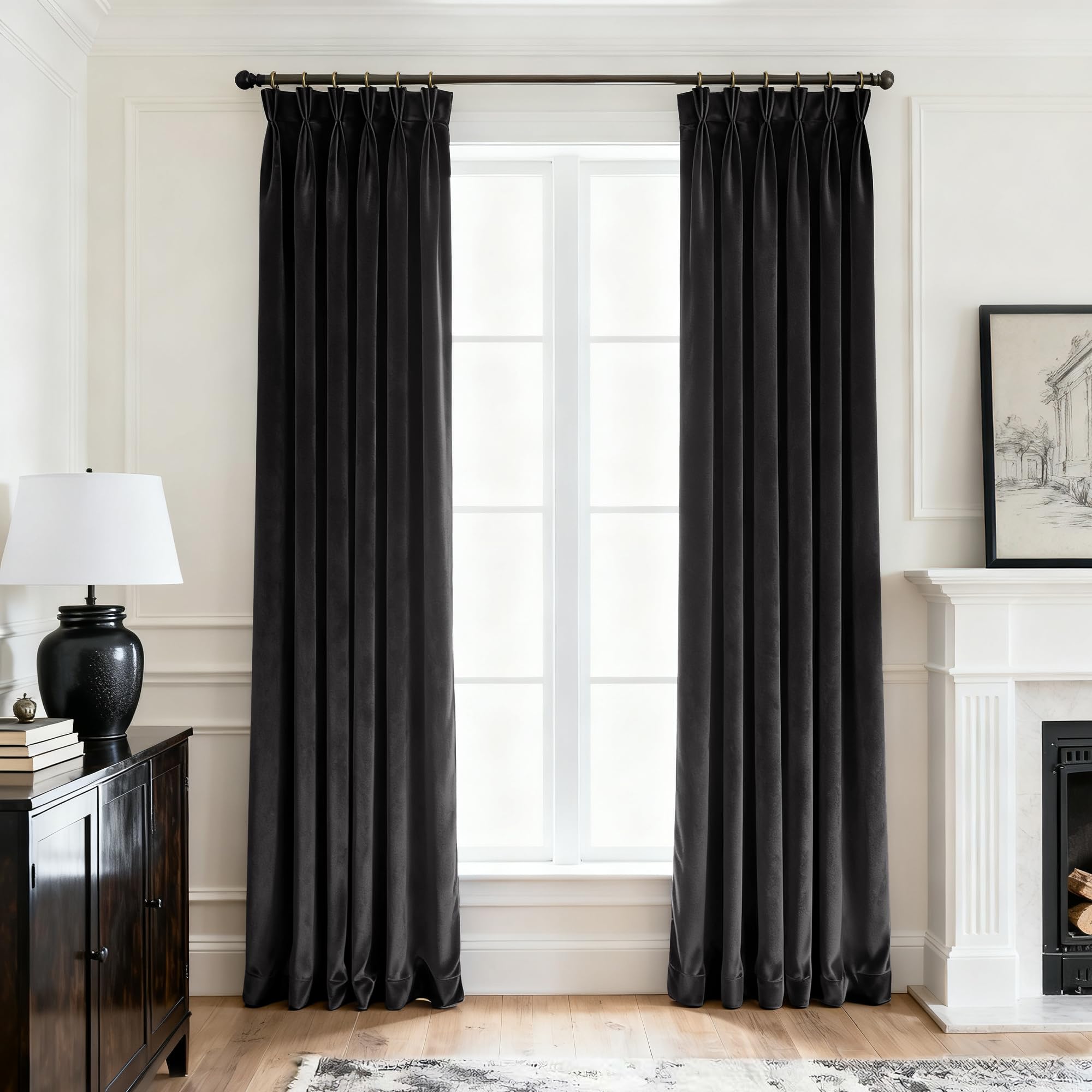 Pinch Pleat Black Blackout Velvet Curtains 90 inch Length 2 Panel Living Room Modern Elegant Plush Velvet Luxury Fabric Room Darkening Pleated Window Drapes Thermal Insulated Black Out Bedroom Curtain