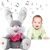 MIAODAM Peek-A-Boo Bunny Toy for Toddlers 1-3, Talking Stuffed Animal Repeats Your Words, Sings Children Songs & Lullabies, Interactive Plush with Floppy Ears (Grey)