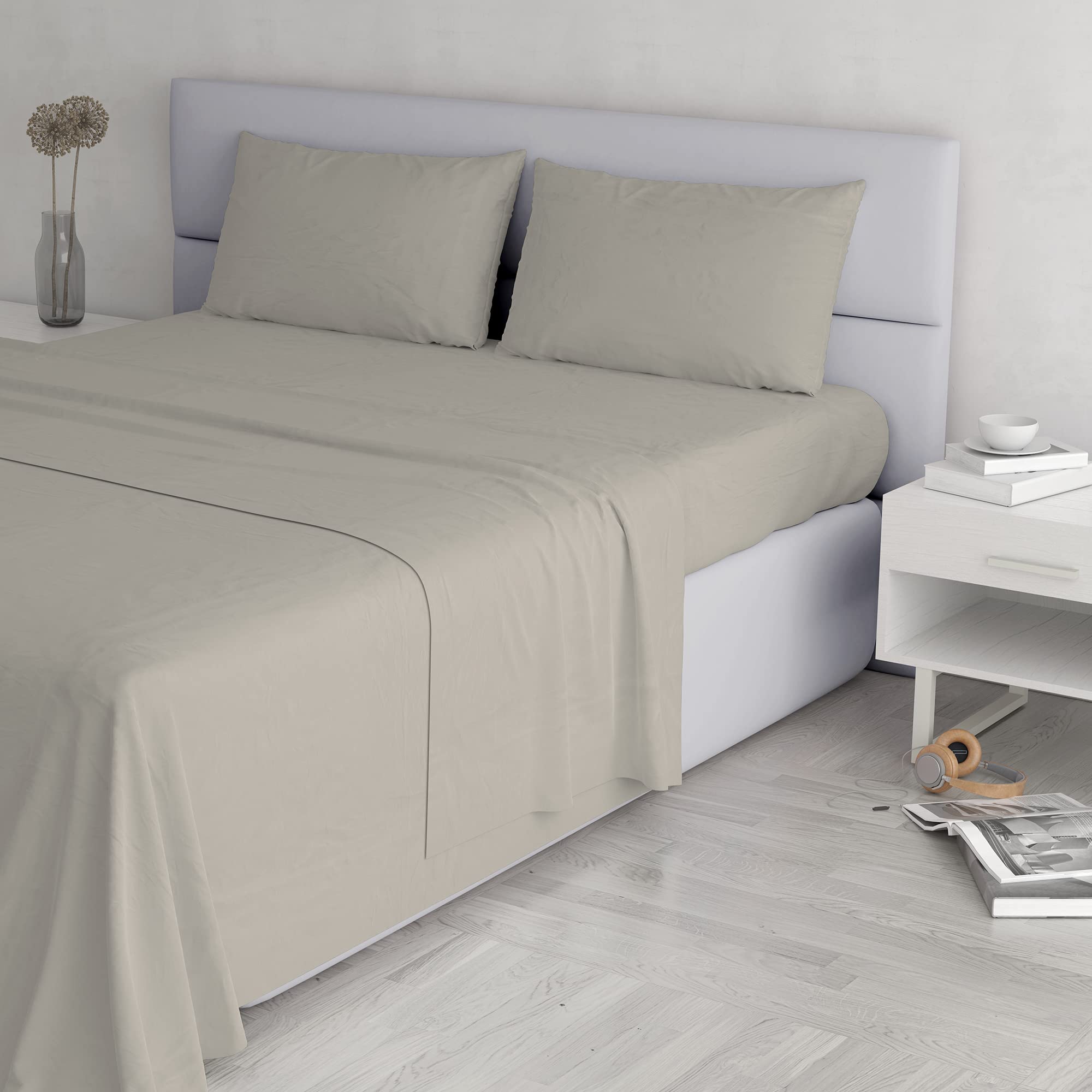 Italian Bed Linen Elegant Bed Linen Set (Flat 250x300, Fitted Sheet 170x200cm+2 Pillowcases 52x82cm), Grey, DOUBLE