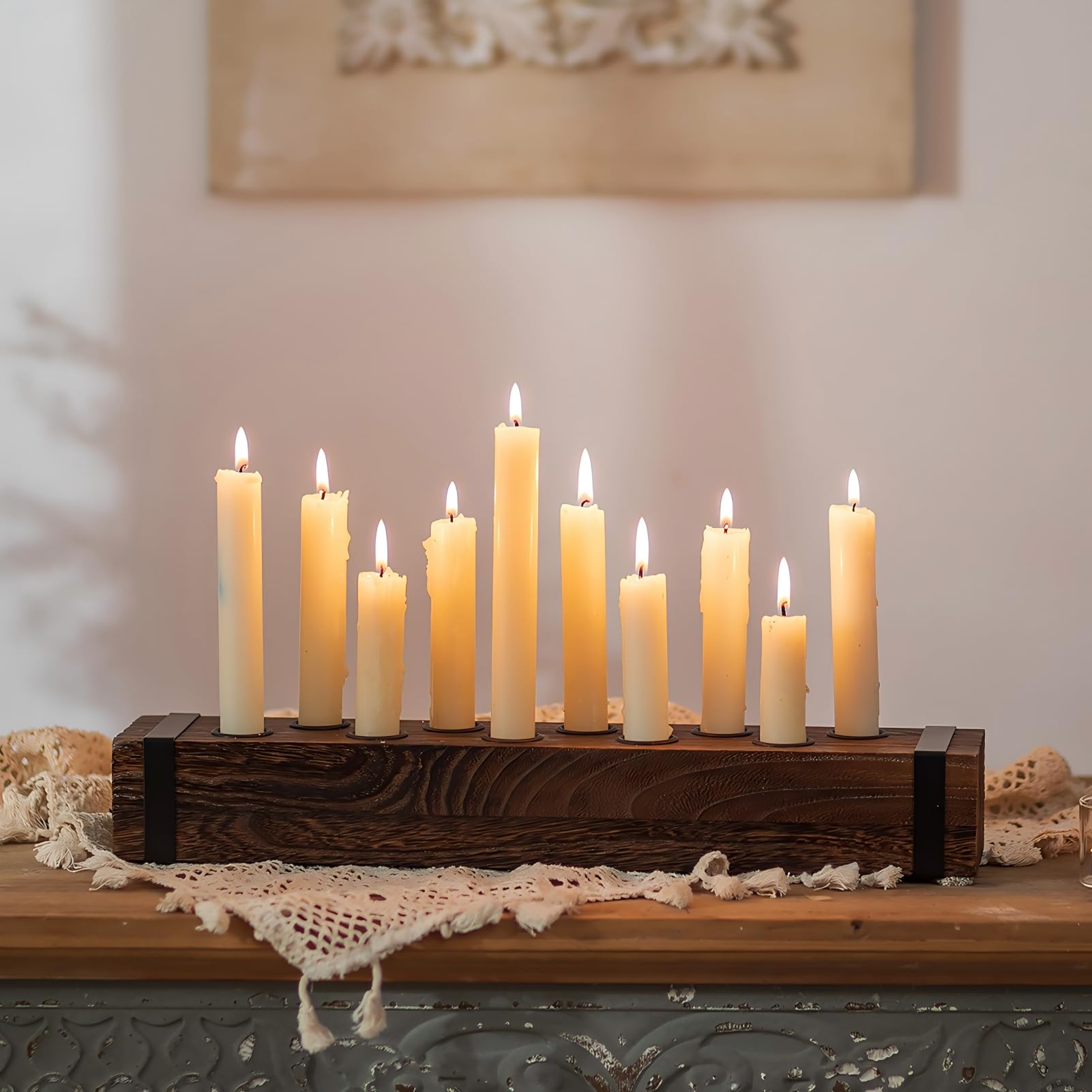 NUPTIO Wood Candelabra for Table Centrepiece: 42cm Long Taper Candle Holder - Farmhouse Candlestick Holder for Wedding Christmas Home Dining Living Room Fireplace Decor