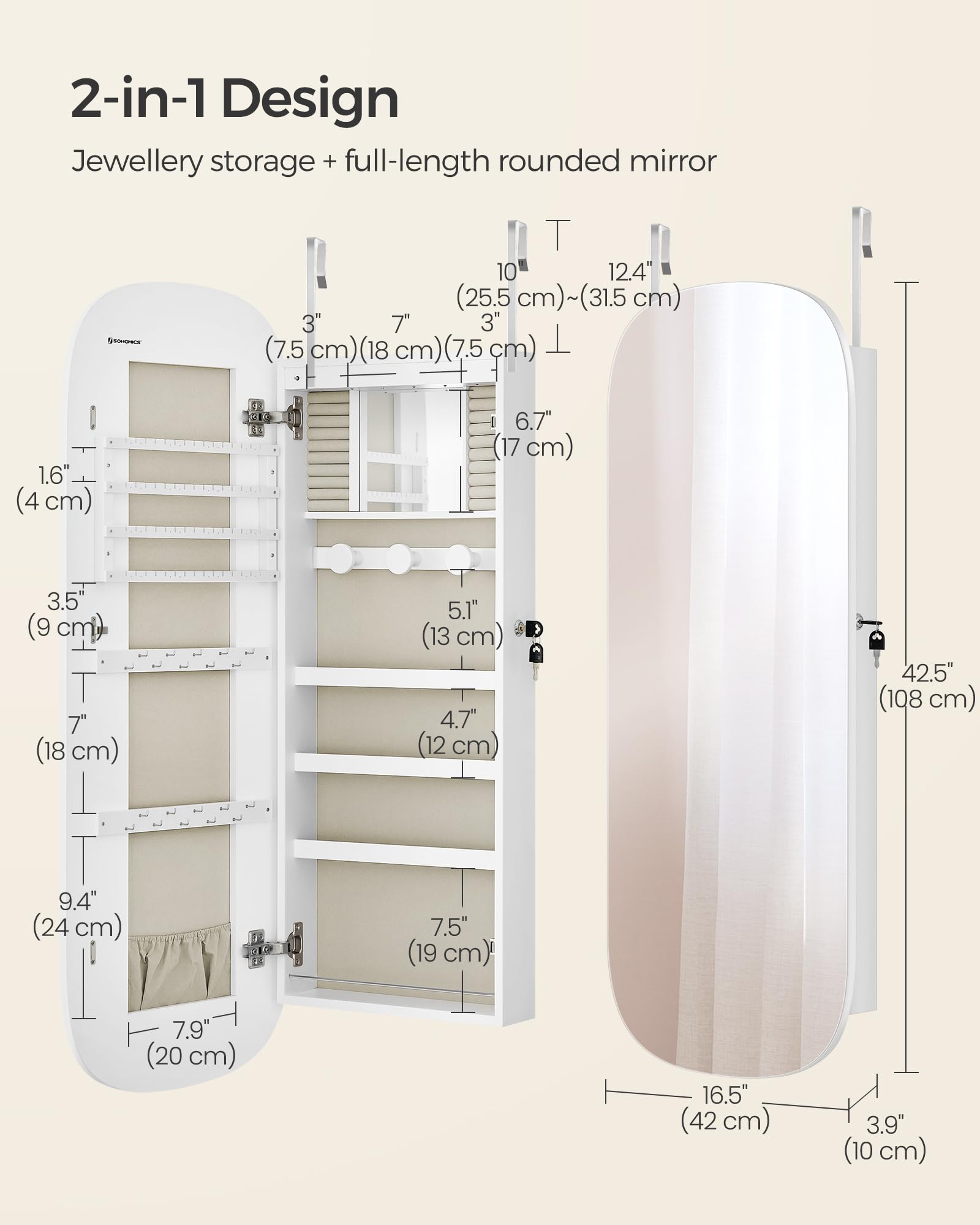 SONGMICS SONGMICS Jewelry Organizer, LED Jewelry Cabinet Wall/Door Mounted, Lockable Rounded Wide Mirror with Storage, Christmas Gift 3.9 x 16.5 x 42.5 Inches, White Surface with Greige Lining