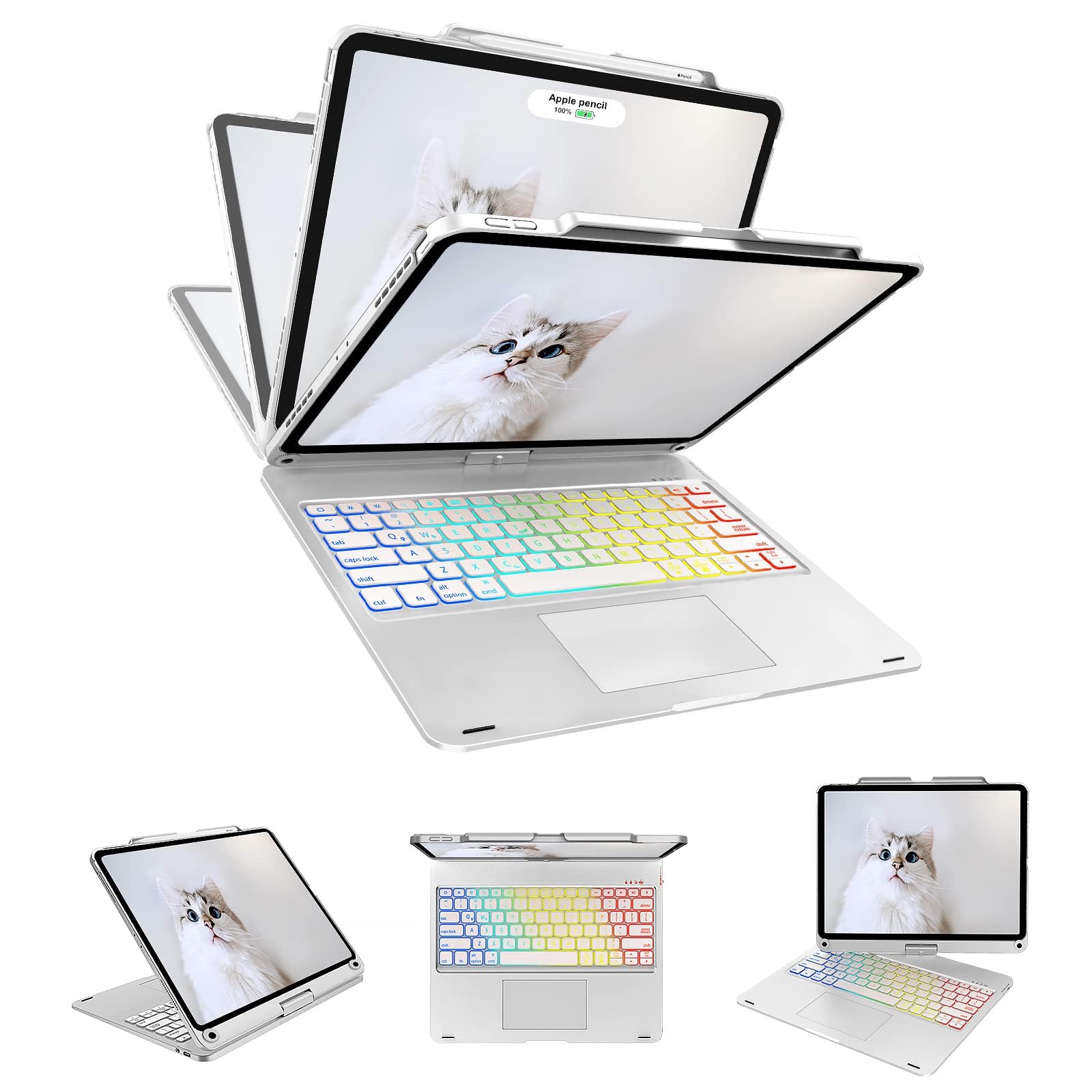 Photo 1 of Swivel Wireless Keyboard Case for iPad Pro 12.9 (6th/5th/4th/3rd Gen), Rainbow Backlits & Multi-Touch Trackpad, Magic 360° Rotatable Protective Keyboard Cover with Pencil Holder, Thin & Light-Silver