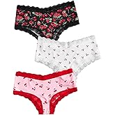 WDIRARA Women's 3 Pack Cute Graphic Panties Set Lace Trim Low Rise Comfy Thong Underwear