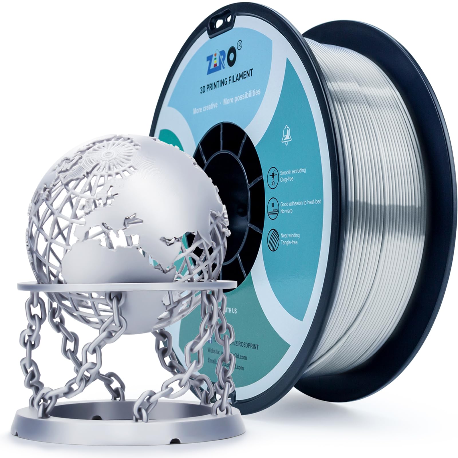 ZIRO PLA Silk Filament 1.75mm, 3D Printer Filament PLA Silky Series 1.75mm 1KG(2.2lbs), Dimensional Accuracy +/- 0.03mm, Silver