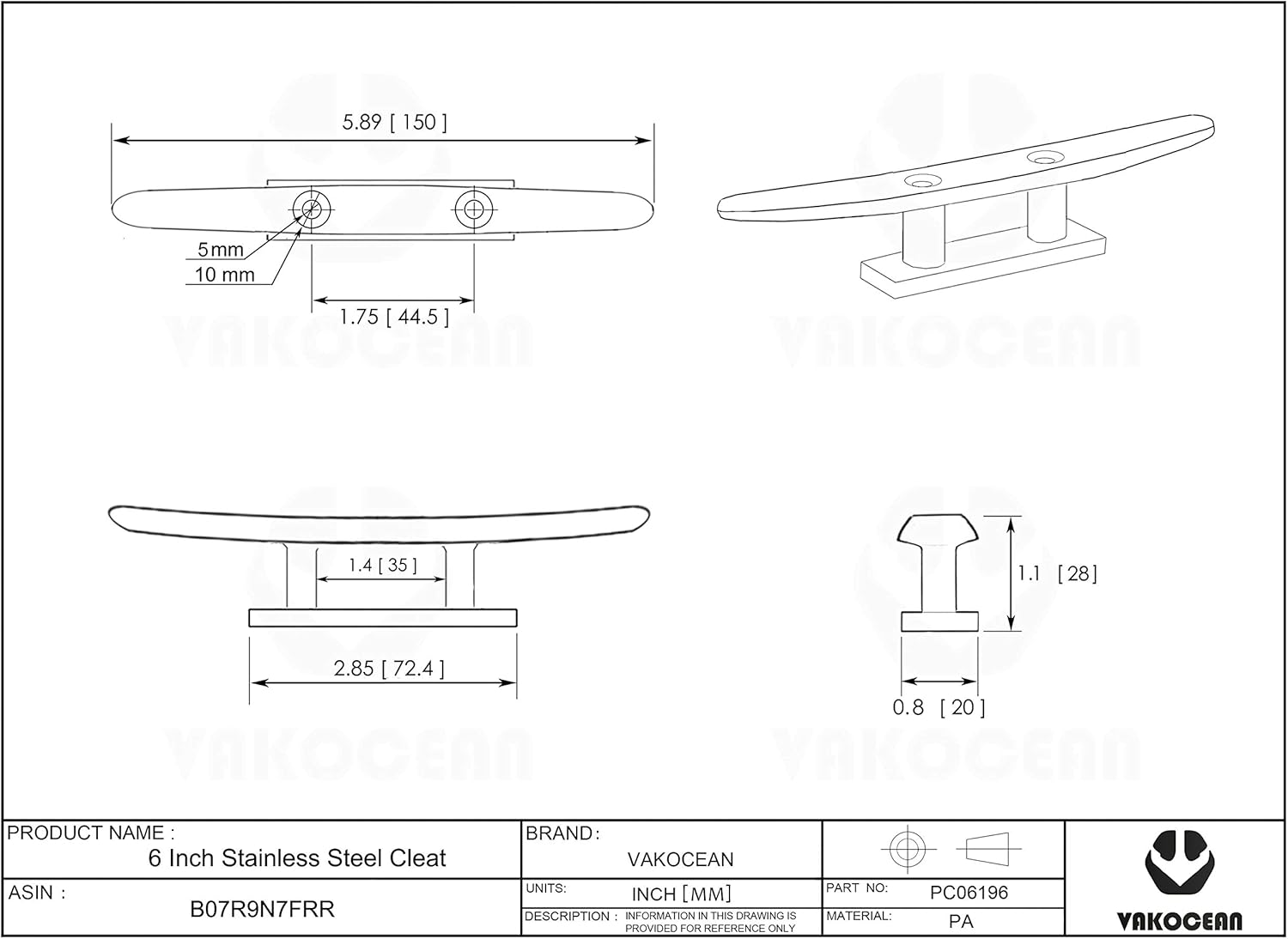 Vakocean 316 Stainless Steel 6" Open Base Boat Cleat Pack of 2 : Sports & Outdoors