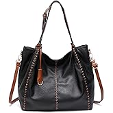 myfriday Vintage Hobo Shoulder Bag for Women Soft Leather Bucket Tote Bag Fashionable Structured Purse with Rivet Detail