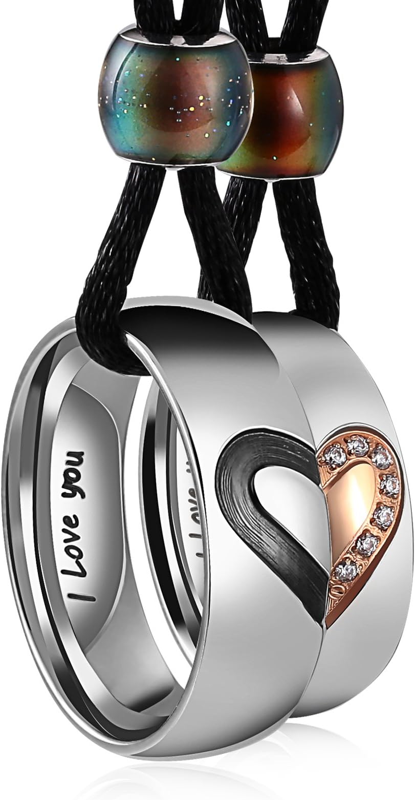 AeiciCouple Necklace for His Hers Stainless Steel Rope Pendant Puzzle Heart Engraved I Love You CZ Rings