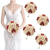 Wedding Bridesmaid Bouquet Set of 4 - Artificial Flowers Bouquets for Bridesmaids Pre-Made 7 Inch Faux Small Floral Bouquets Bridal Shower, Wedding, Ceremony, Anniversary - Champagne & Burnt Orange