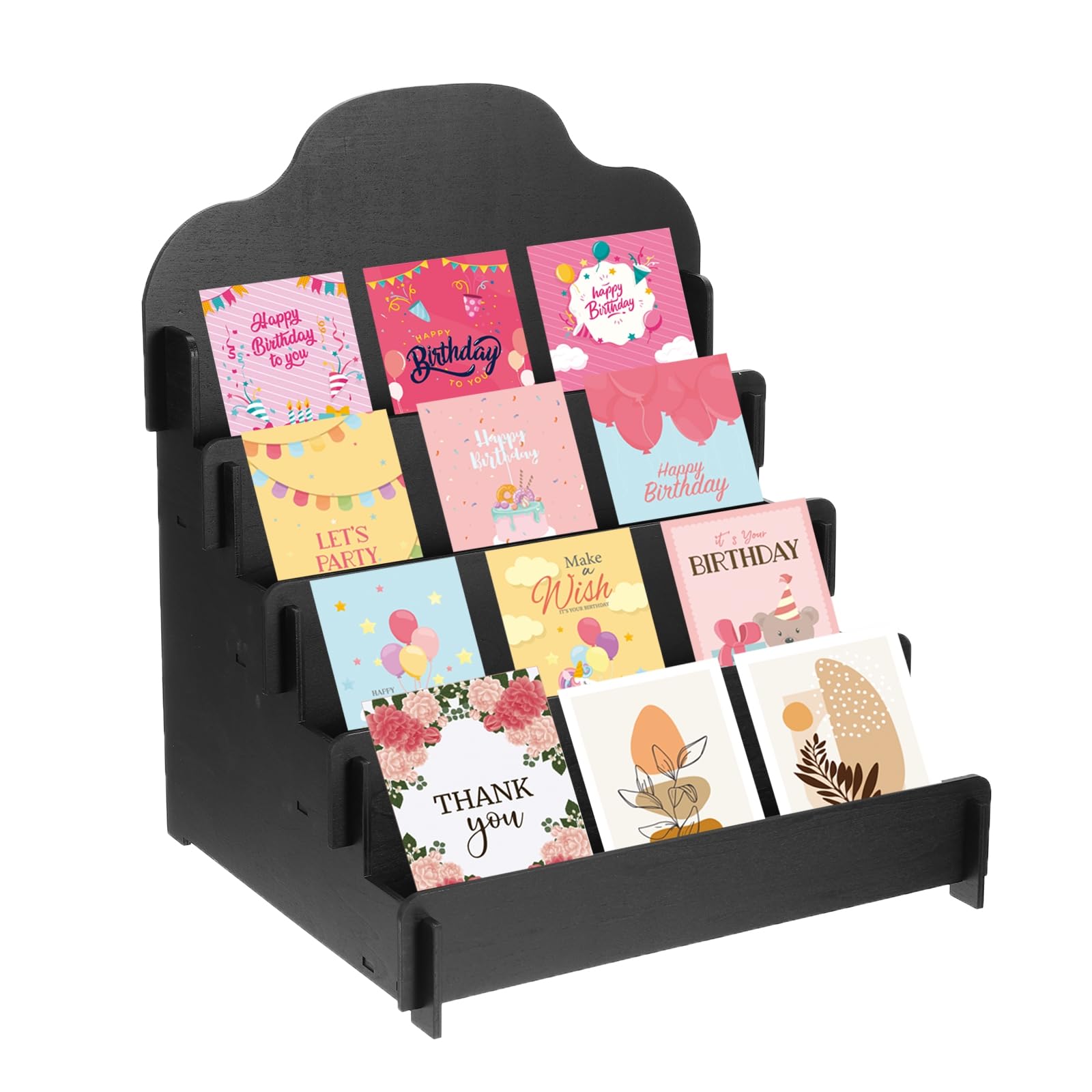 PATIKIL Greeting Card Display Stand, 4 Tiered Sticker Display Holder Portable Postcard Display Stand Wooden Greeting Card Display Rack for Card Photo, 11.8 x 10.4 x 14.2, Black