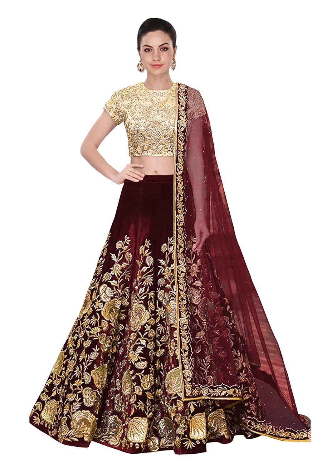 a.r.sundaram fashion women's taffeta silk velvet lehenga choli (ars-81_maroon_free size_semi stitched)