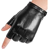 OurHonor Black Fingerless Gloves for Men Women, Halloween PU Leather Half Finger Glove Driving Performance Costume Sport