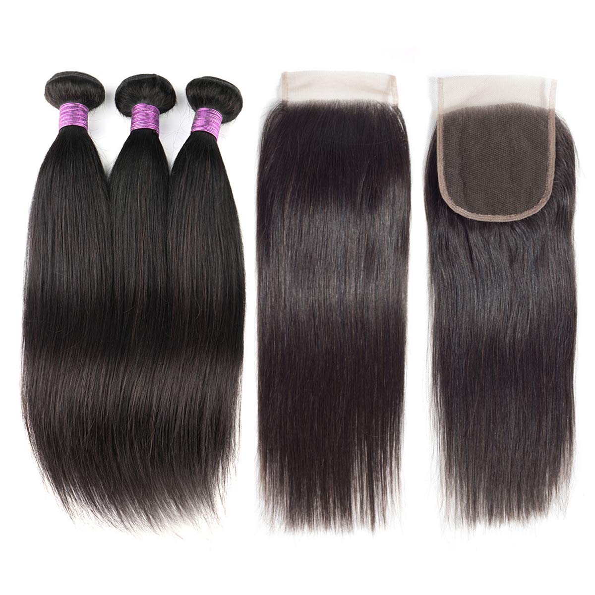 TOOCCI Straight Hair Bundles With Closure Virgin Brazilian Human Hair Weave Weft with 4x4 Lace Closure Natural Black Color（8 8 8+8Inch）