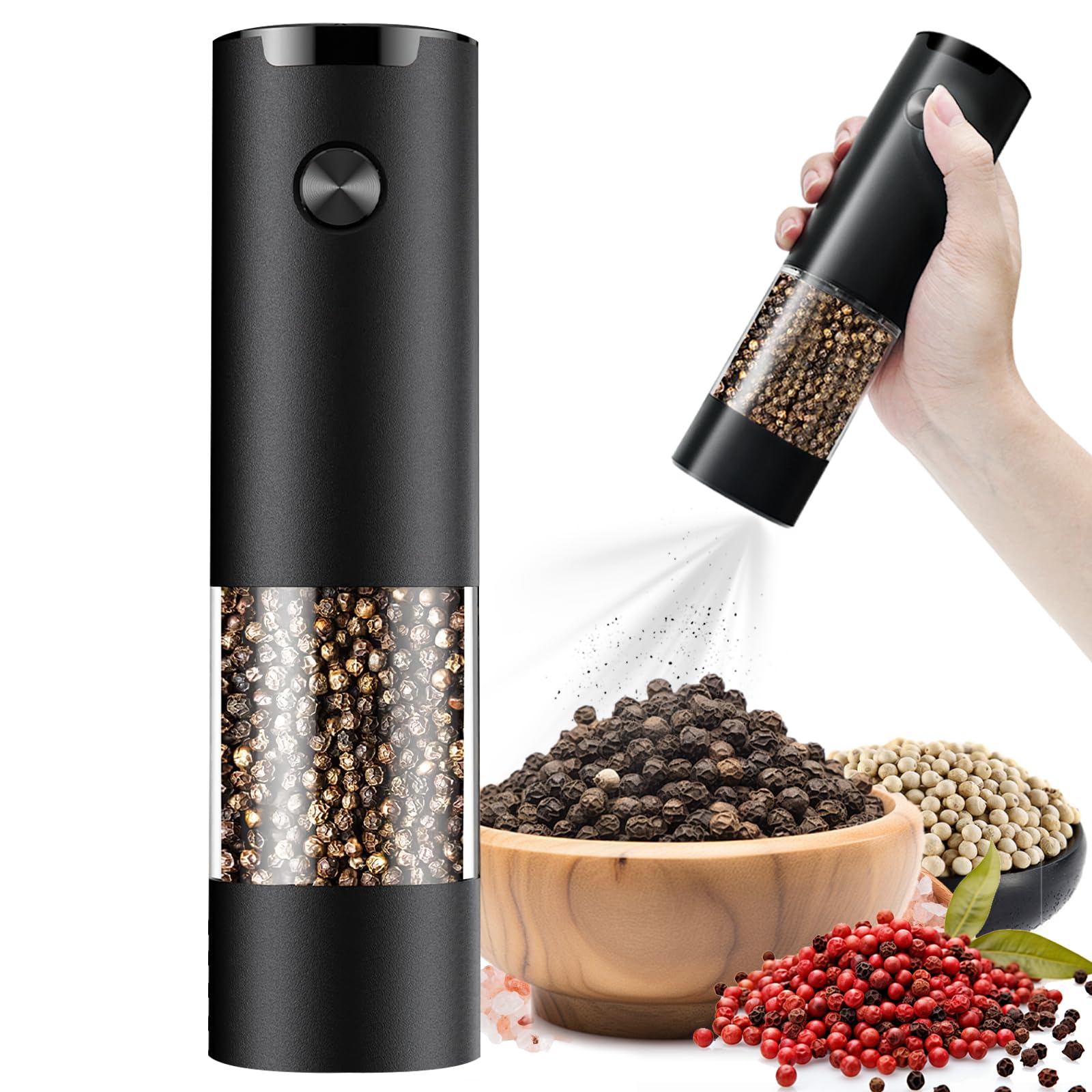 Photo 1 of **HAS SCRATCHES**JIDSPWLS Electric Pepper or Salt Grinder,Adjustable Coarseness Salt & Pepper Mill,With LED Light,Easy to Clean,Battery Powered,One Handed Operation,Kitchen Essential?1 pack/black?