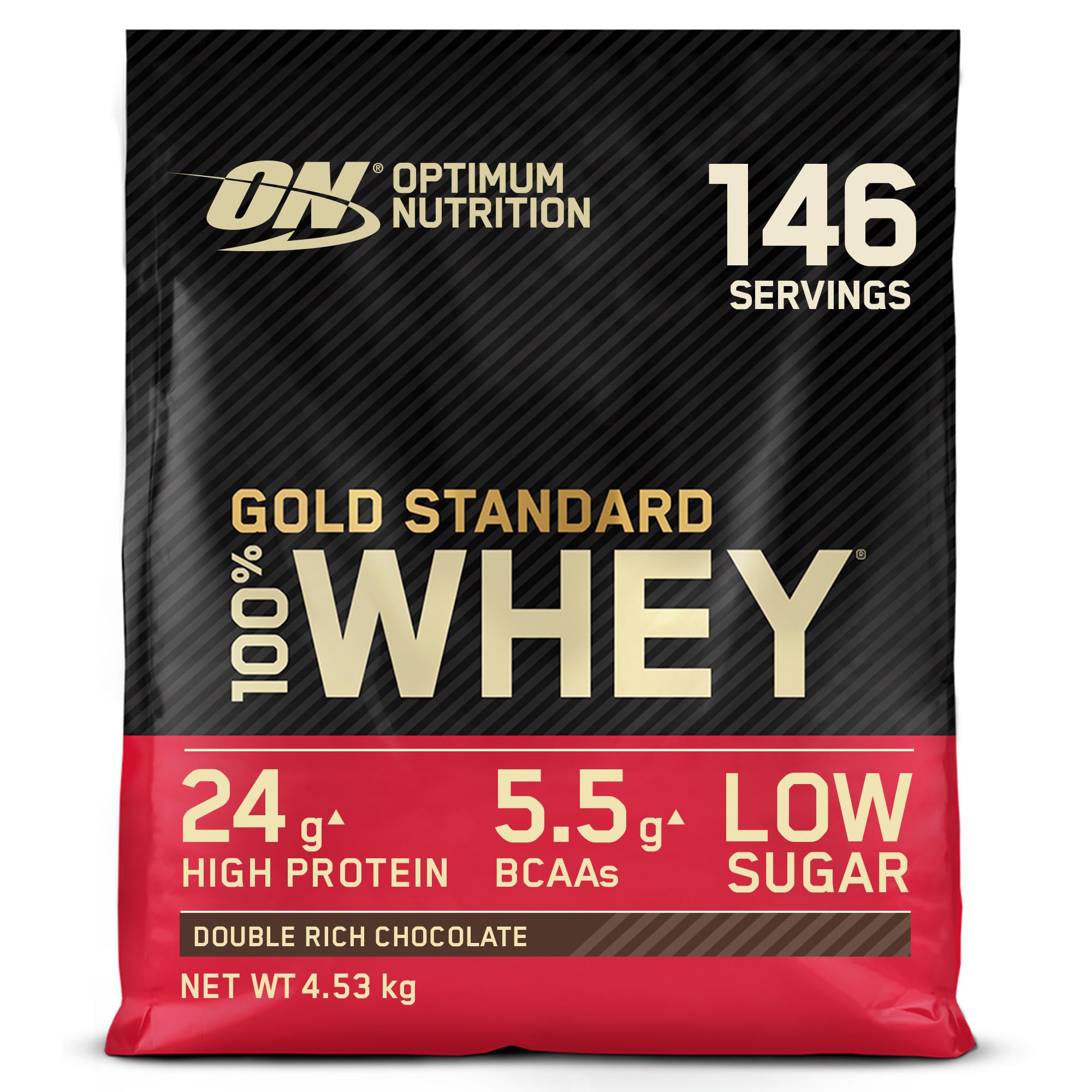 Optimum Nutrition Gold Standard 100% Whey Muscle Building and Recovery Protein Powder with Naturally Occurring Glutamine and BCAA Amino Acids, Double Rich Chocolate Flavour, 146 Servings, 4.53 kg
