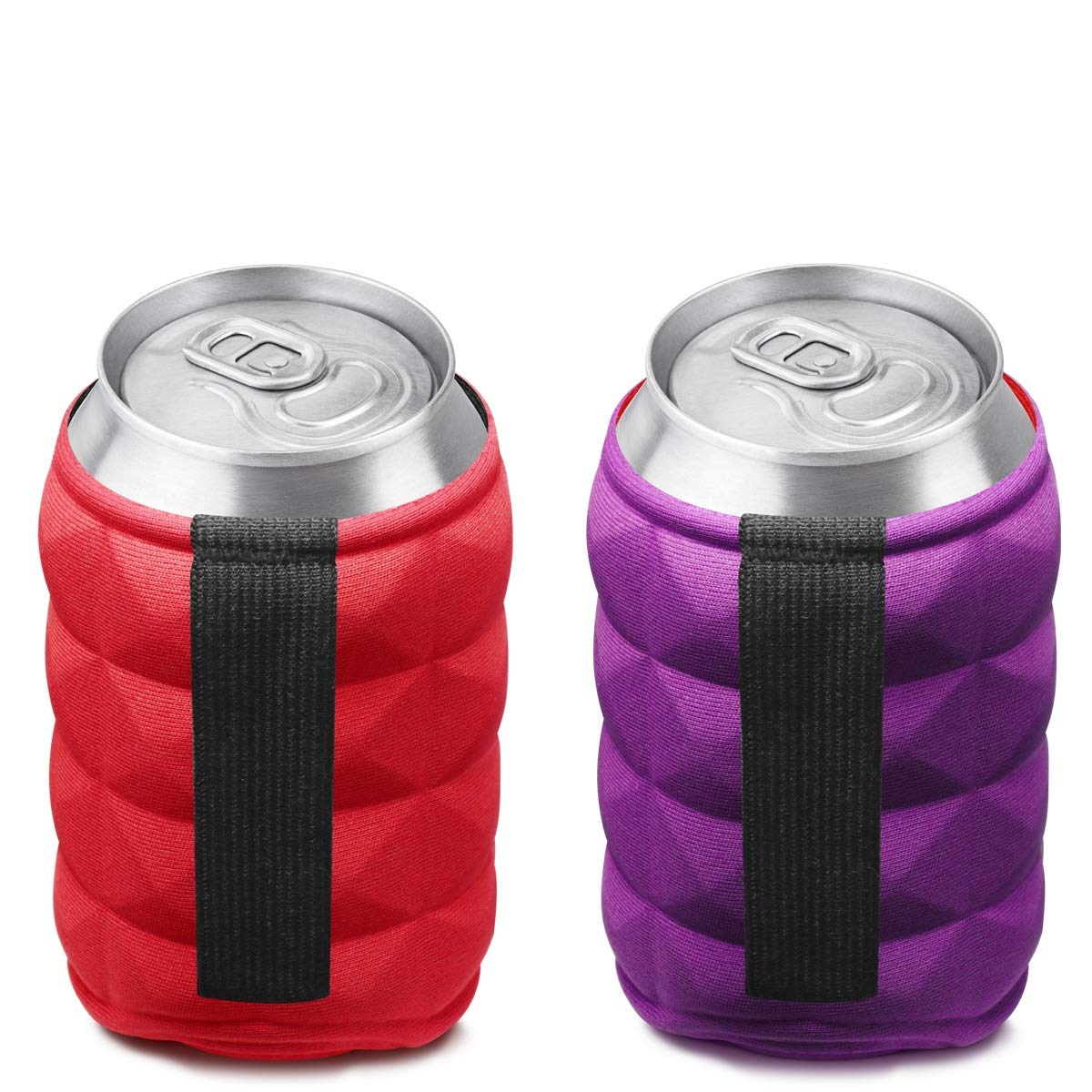 Metric USA Beer Can Sleeves for Ice cold Beers INNOVATIVE Reversible, Double Sided Design - Set of 2 Collapsible Soft Drink Can Insulator Coolers, Premium Quality & colors (Red, Black, Purple, Blue)