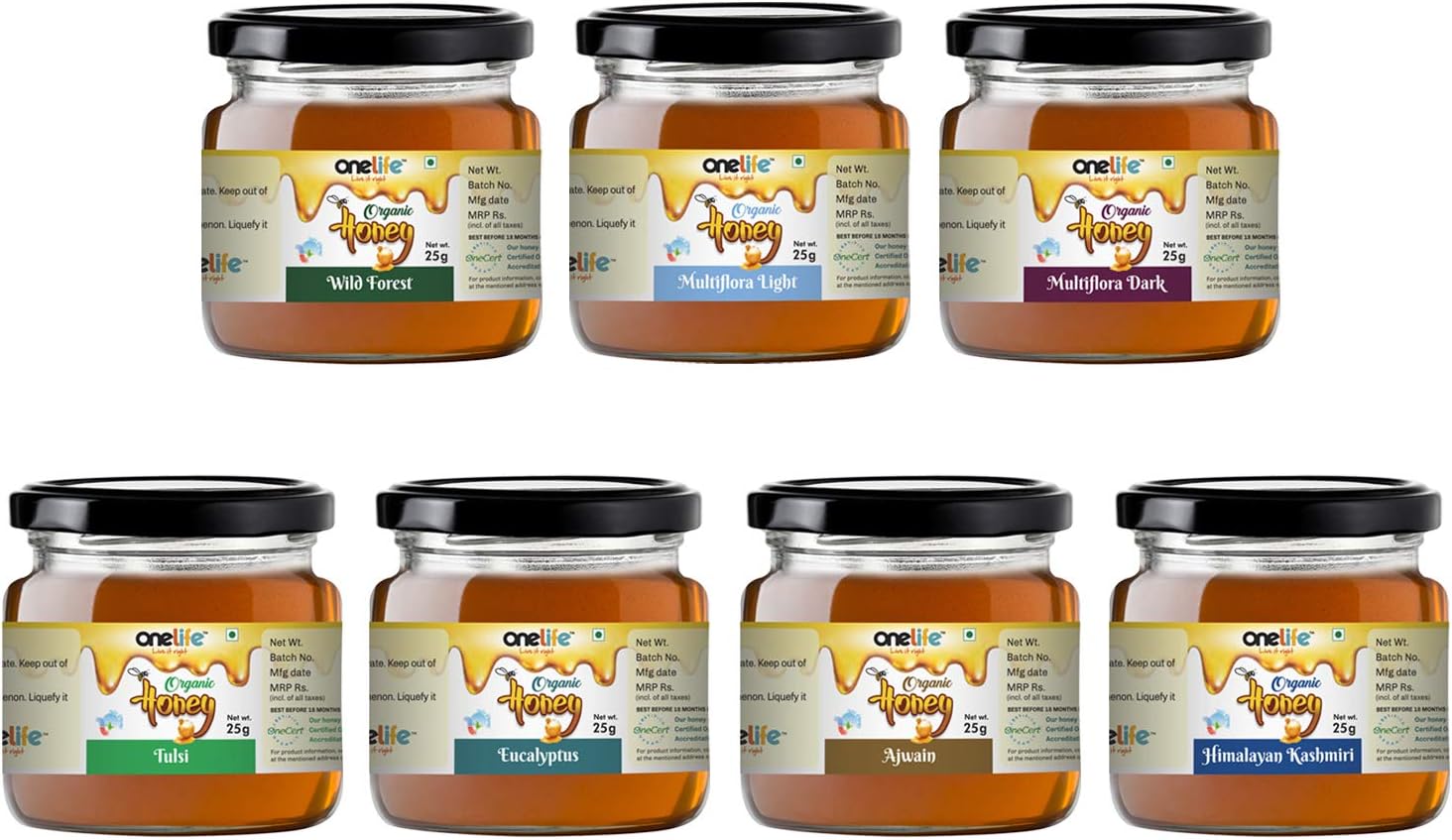 Onelife Organic Honey 7 Different Flavour Forest Honey Combo Offer|Multiflora, Himalayan Kashmiri, Ajwain, Eucalyptus, Tulsi (Pack of 7) - 175Gms