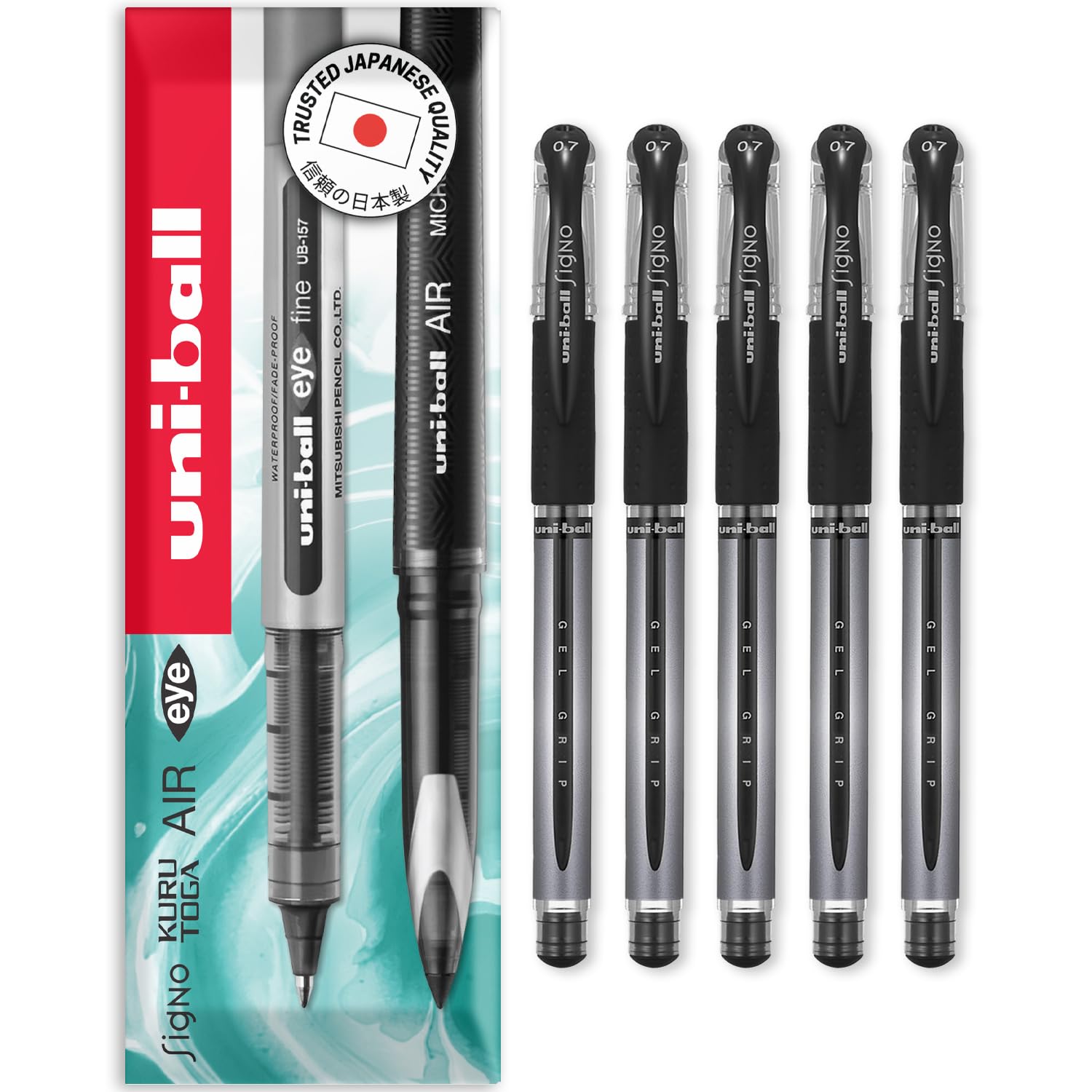 uni-ball UM-151 Signo Gel Grip Rollerball Pen – 0.7mm - In Envelope Gift Packaging (Pack of 5, Black)
