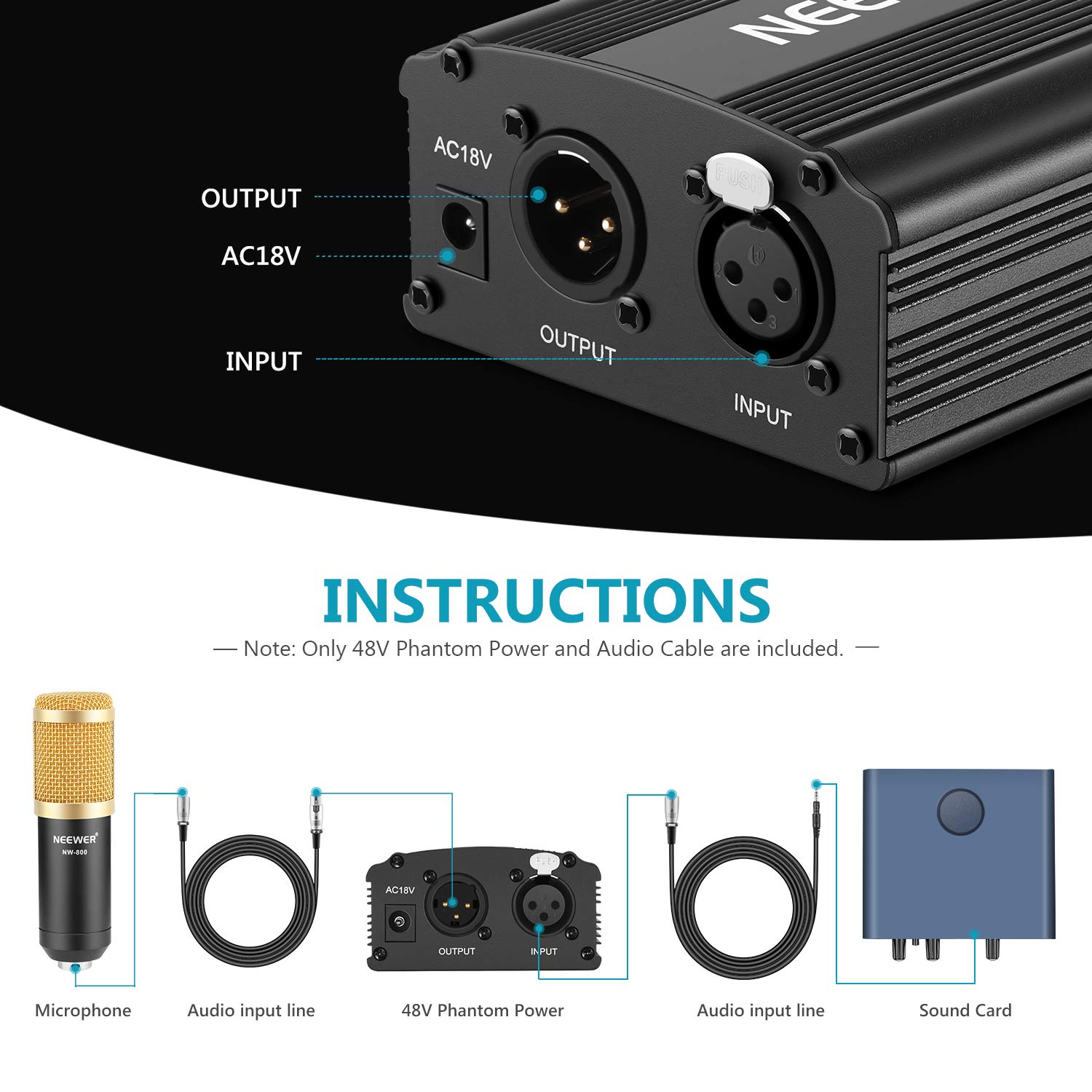 Neewer 1Channel 48V Phantom Power Supply with Adapter, BONUS+XLR 3 Pin