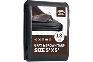 RAINDEWAY 5x5 Feet Super Heavy Duty Tarp 18 Mil, UV Resistant, Weatherproof, Multipurpose Waterproof Poly Tarp with Grommets and Reinforced Edges, Brown/Gray Tarp