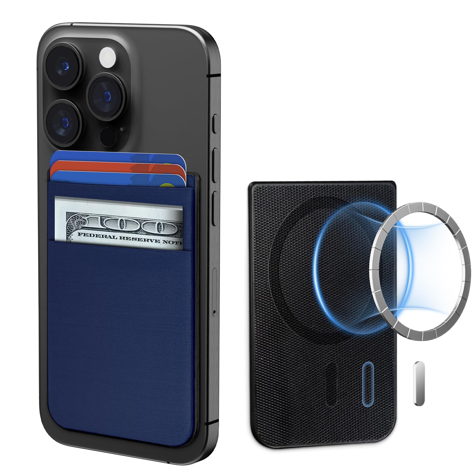 CloudValley Magnetic Card Wallet Designed for iPhone MagSafe, Stretchy Lycra Double Pocket Case for iPhone 16 Pro Max/ 15/14 /13/12 Accessories, Blue
