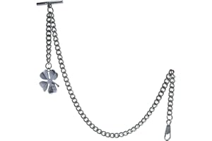 WATCHVSHOP Albert Chain Silver Color Pocket Watch Chains for Men with Four-Leaf Clover Design Fob T Bar AC132