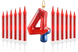 AXBMM 13 Pcs Spider Themed Birthday Candle Set Red Spider Theme Number 4 Candle Cake Topper for Boys Girls Birthday Decoration Spider Party Decoration Supplies (Number 4)